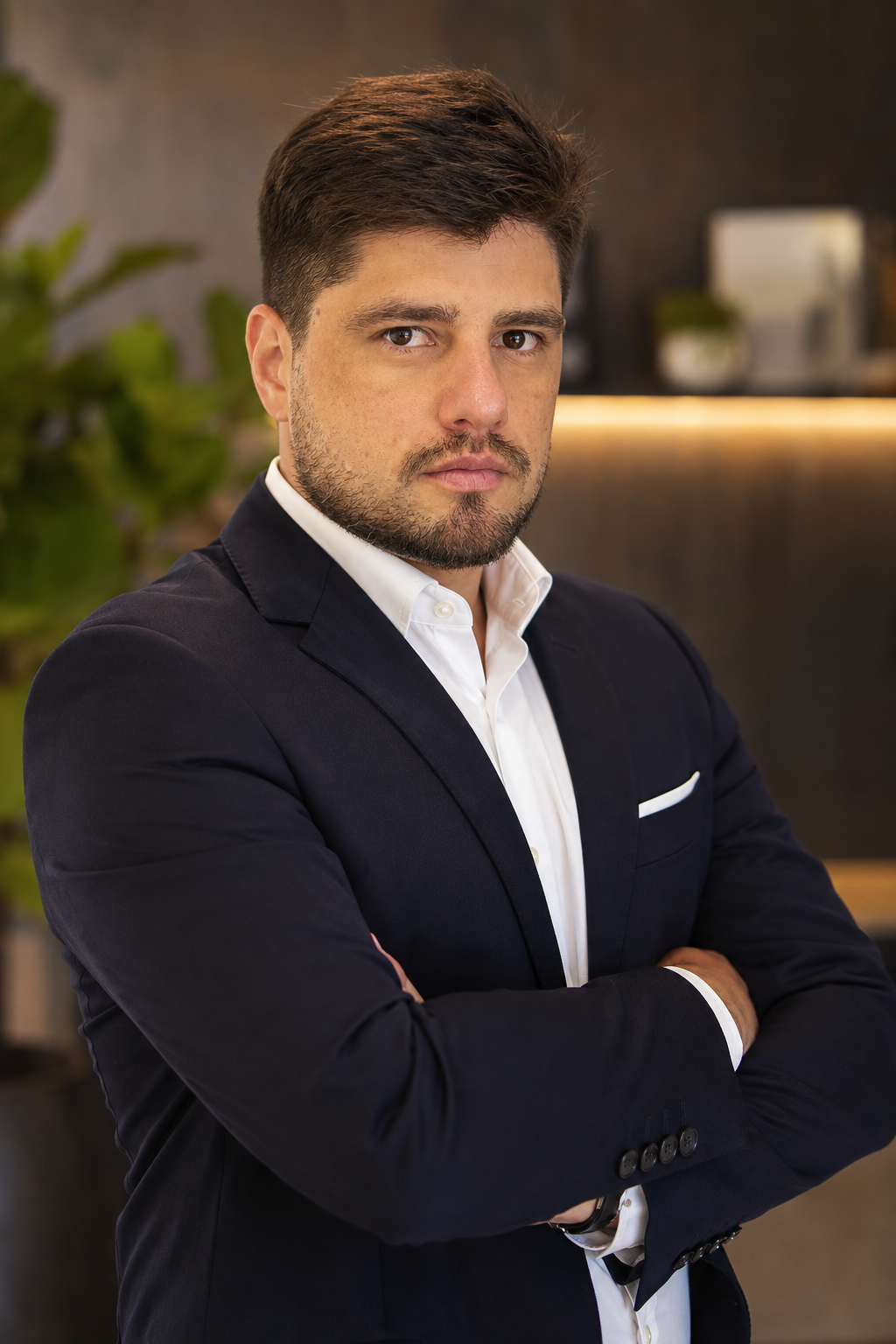 Vinícius Ayricke, ex-gerente de contas da Amazon, de braços cruzados sobre fundo escuro